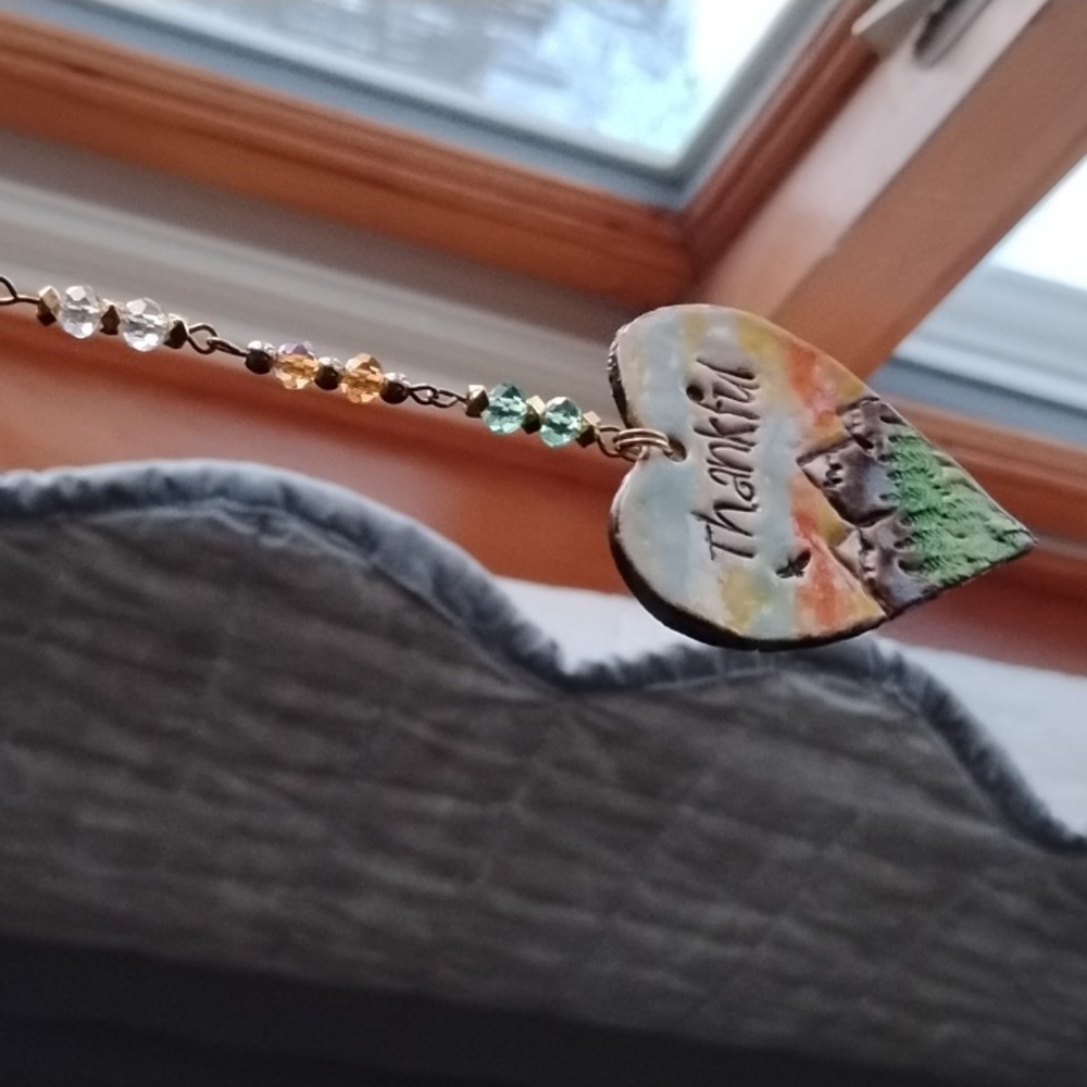 Hand Crafted Heart-Shaped Thankful Ornament with Beaded Strap - Picture 2 of 5